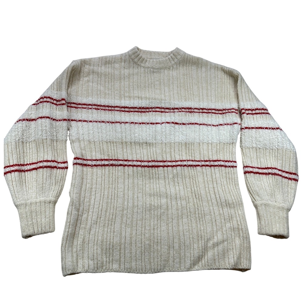 Urban Outfitters Wool XS Cozy Striped‎ Fuzzy Knit Mock Neck Sweater Cream Red